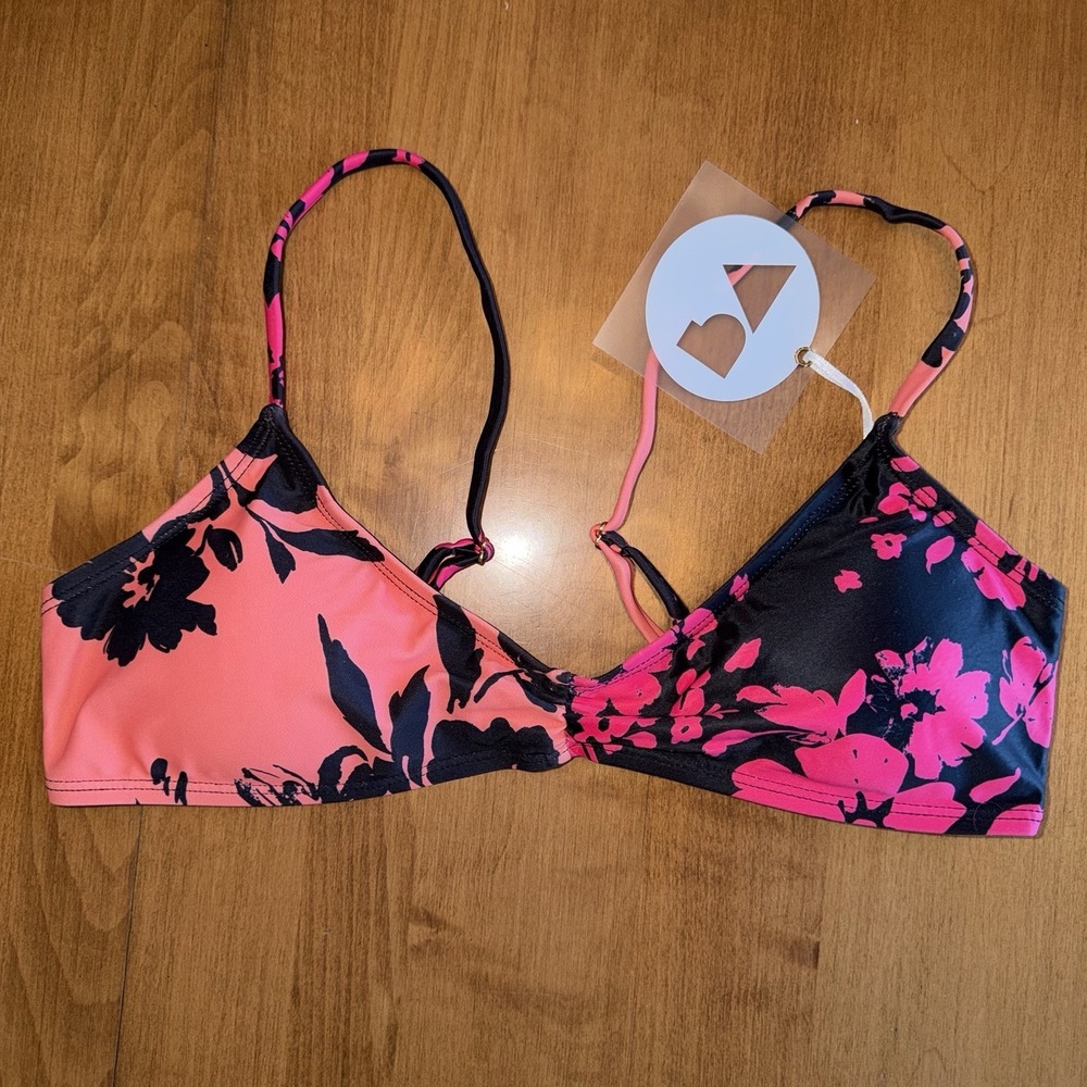 NEW Perfect Vacation Swim x Tillys Neon Floral Bikini TOP Size Small Pink Orange